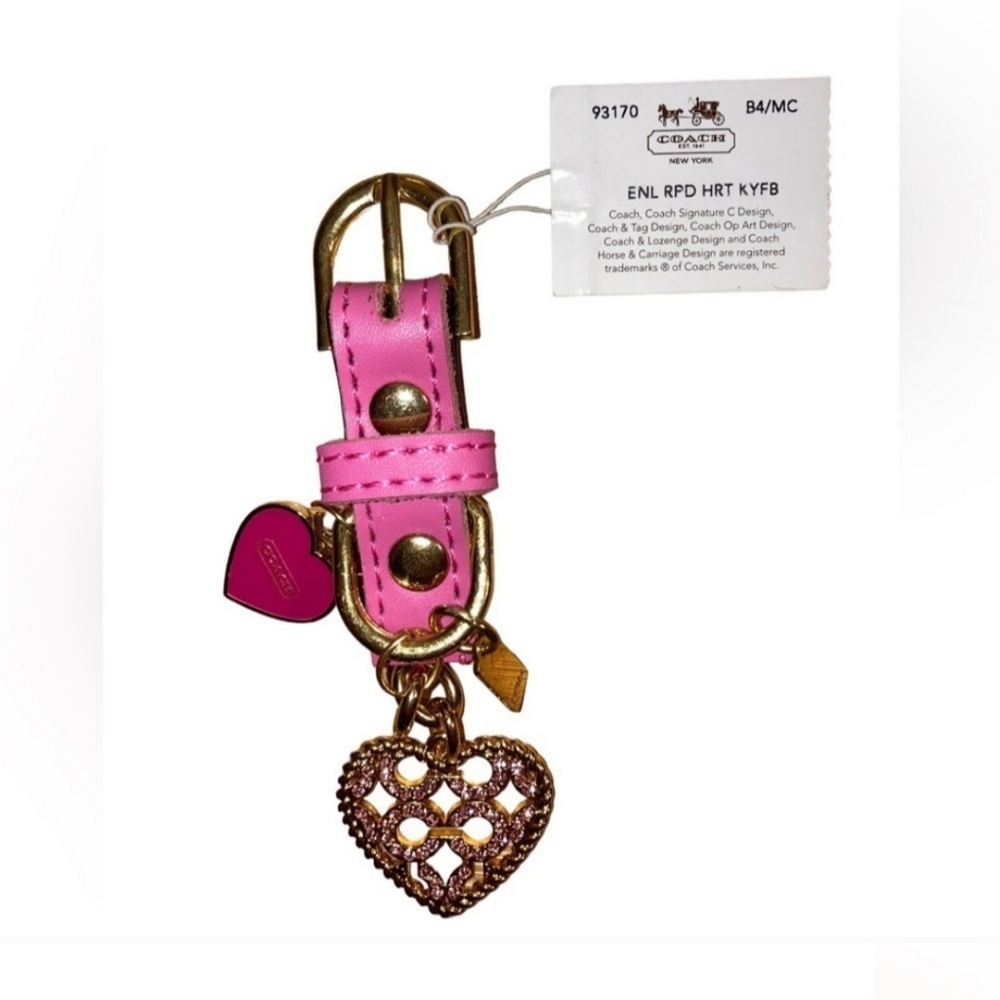 Coach Purse Charm🎀 Pink Leather Strap 🎉 Gold Heart 💖 with Pink Crystals NWT!